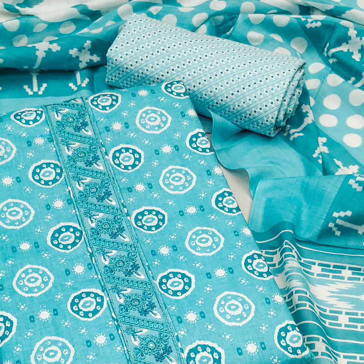 Turquoise Printed Pure Cotton Dress Material