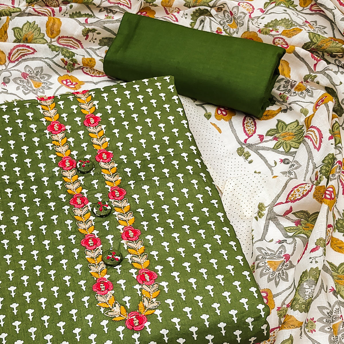 Mehandi Green Floral Printed Pure Cotton Dress Material
