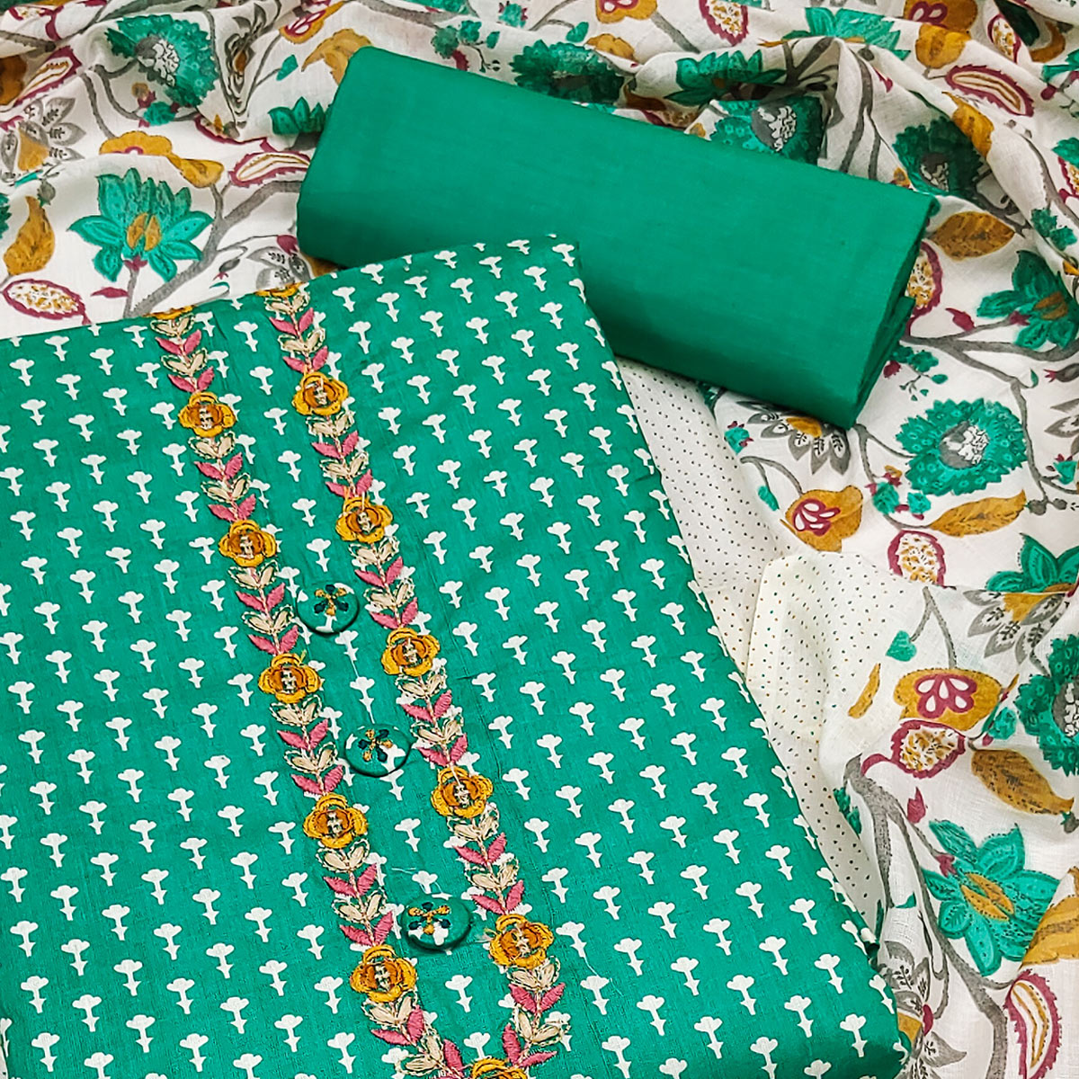 Rama Green Floral Printed Pure Cotton Dress Material