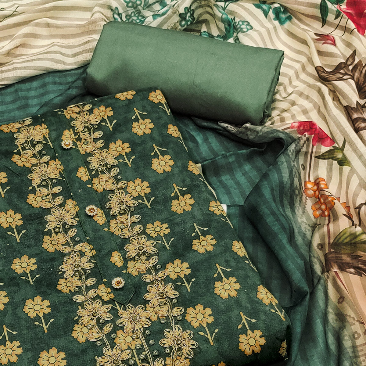 Dark Green Floral Printed With Embroidery Pure Cotton Dress Material