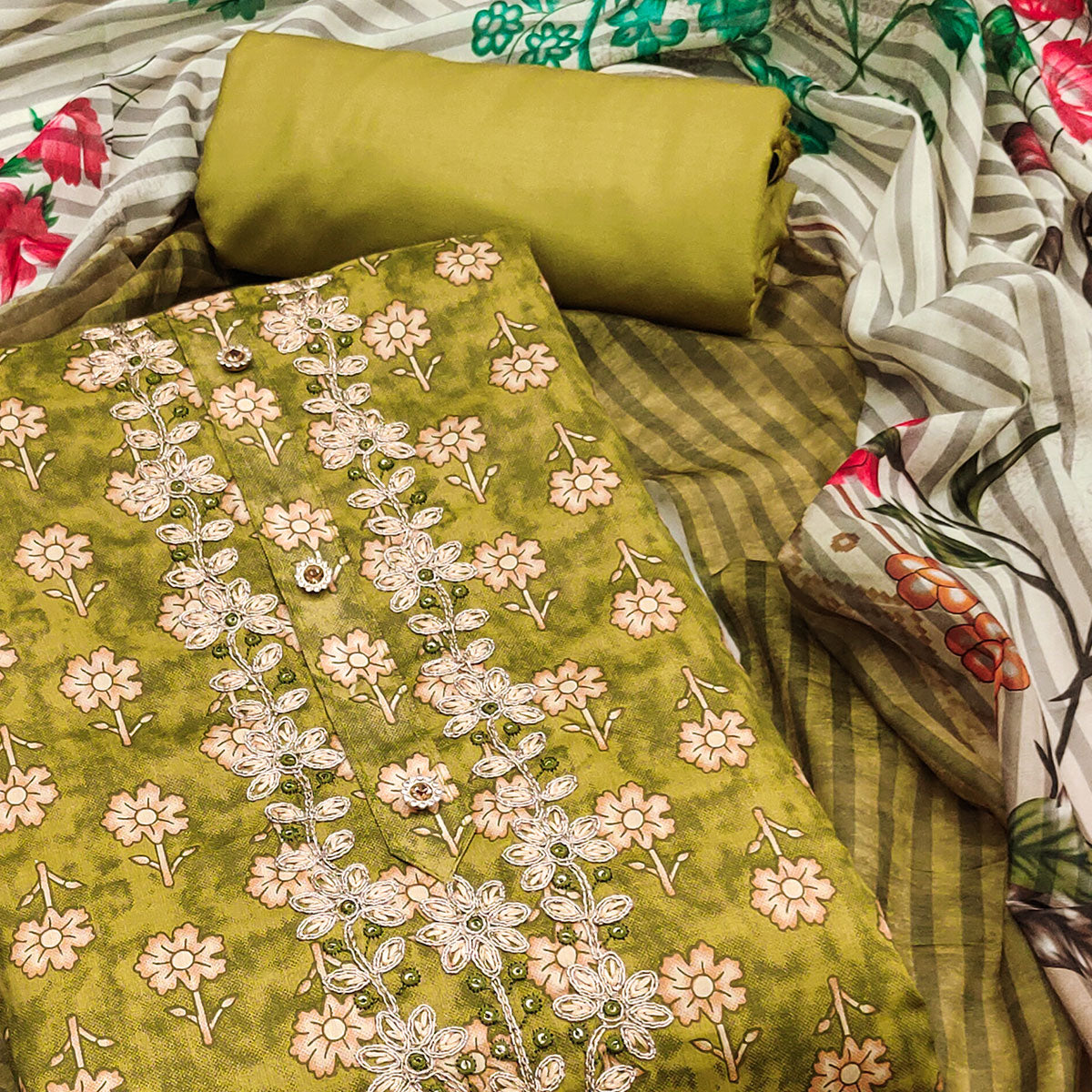 Green Floral Printed With Embroidery Pure Cotton Dress Material