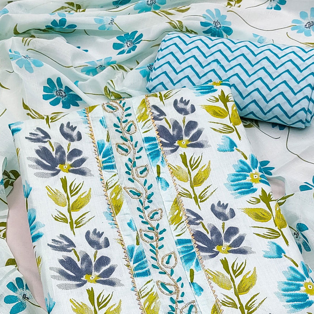 Blue Floral Printed With Handwork Pure Cotton Dress Material