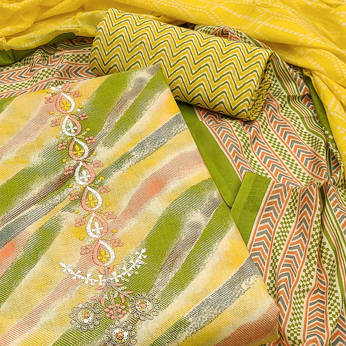 Yellow Printed With Embroidered Pure Cotton Dress Material