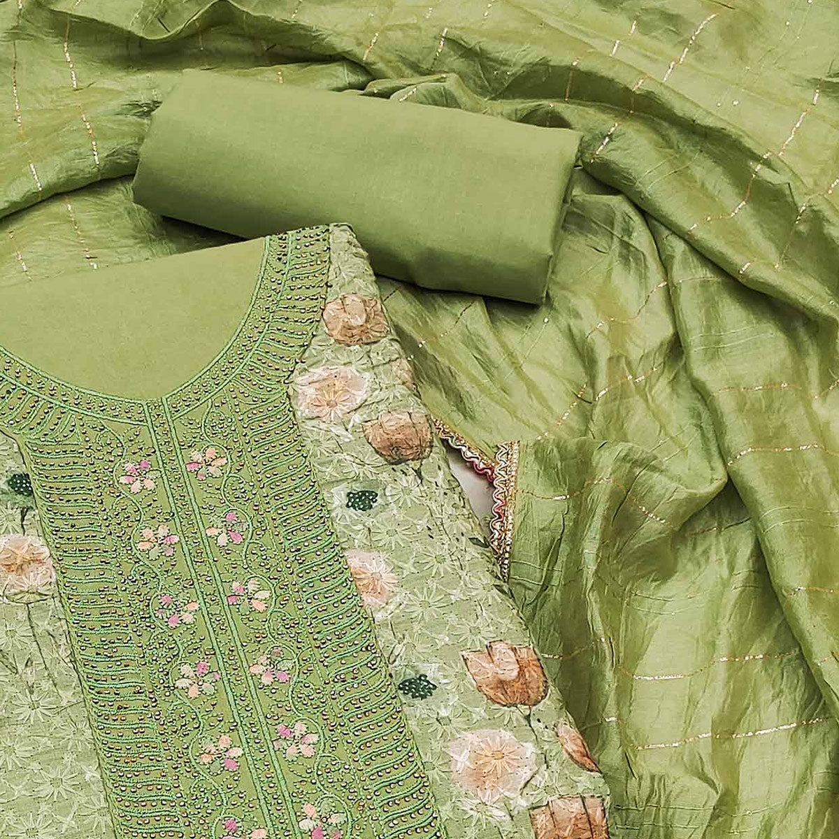 Green Floral Print With Embroidered Pure Cotton Dress Material