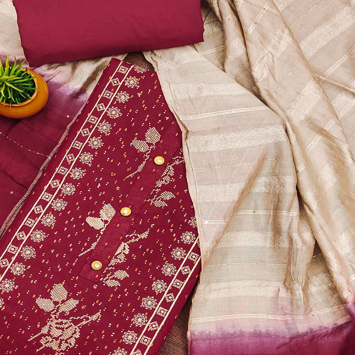Maroon Embroidery With Stonework Cotton Silk Dress Material