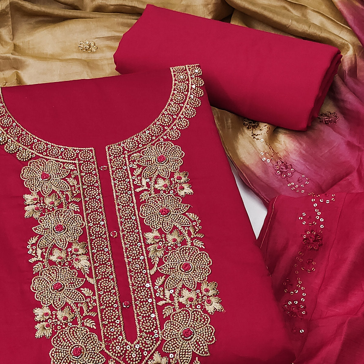 Pink Floral Sequins Embroidered Pure Cotton Dress Material