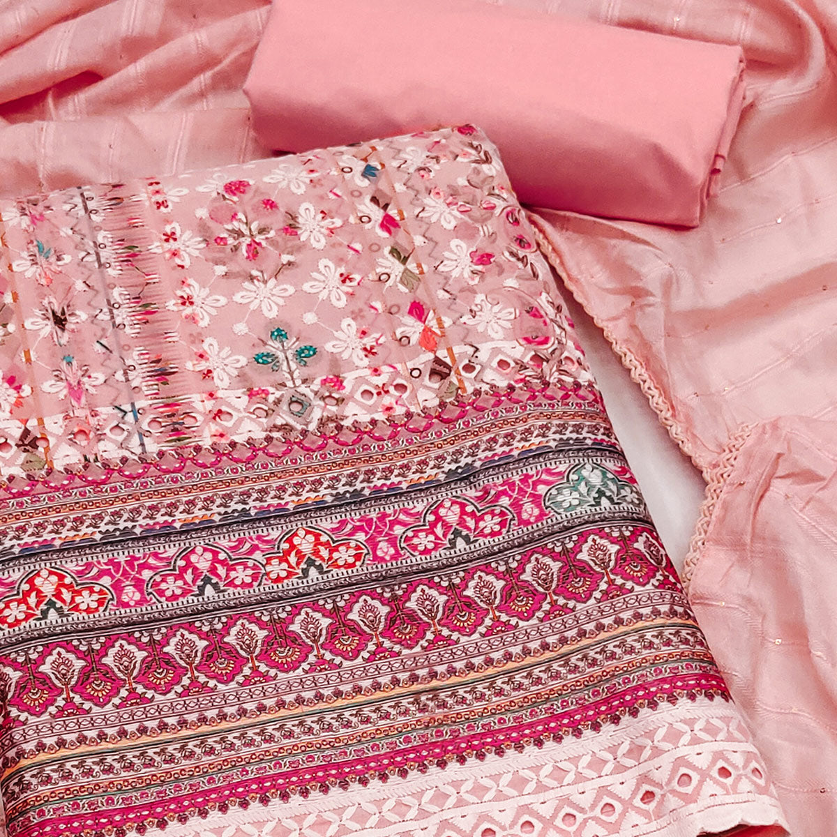 Pink Floral Print Cotton Suit Material with Detailed Handwork Embroidery