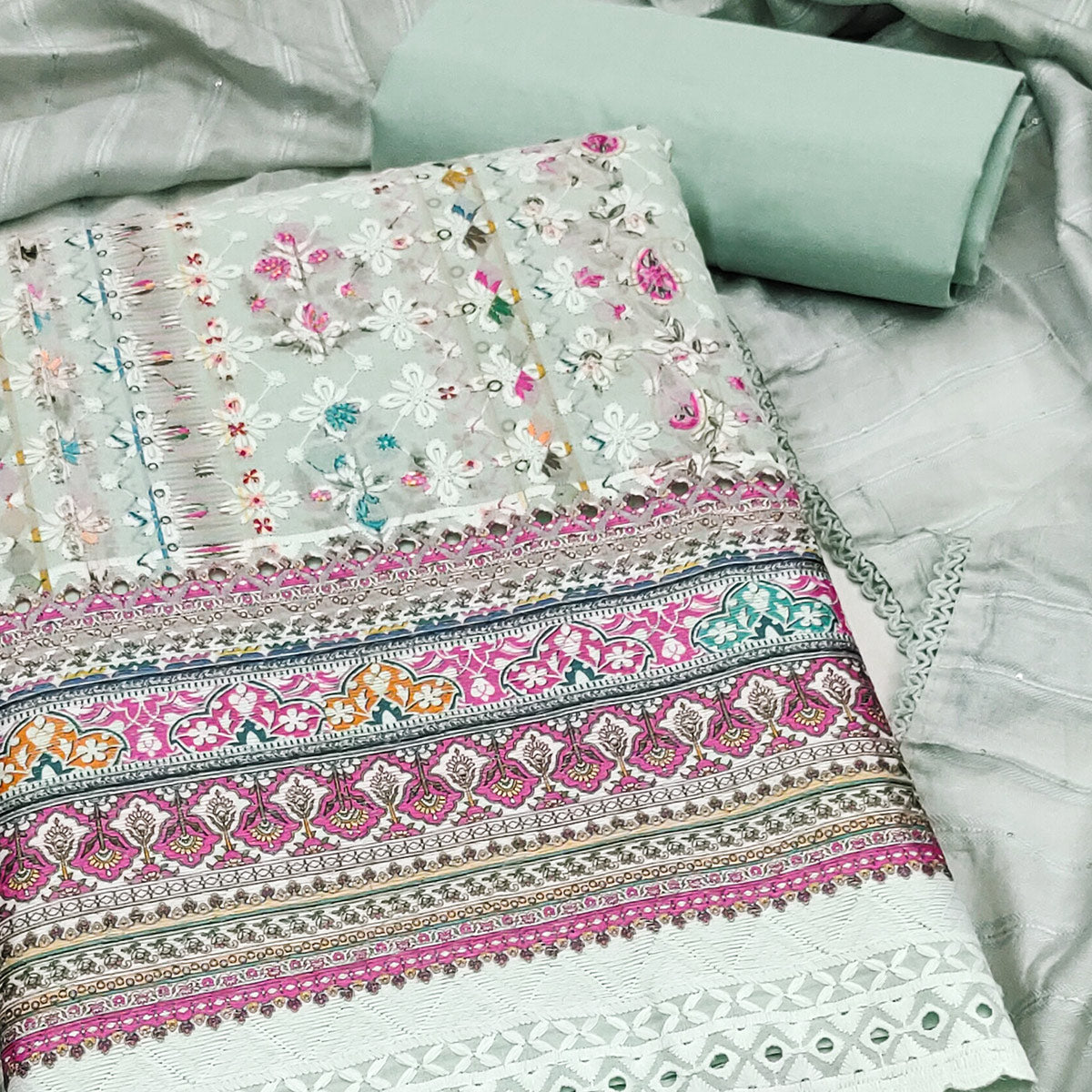 Sea Green Floral Print Cotton Suit Material with Detailed Handwork Embroidery