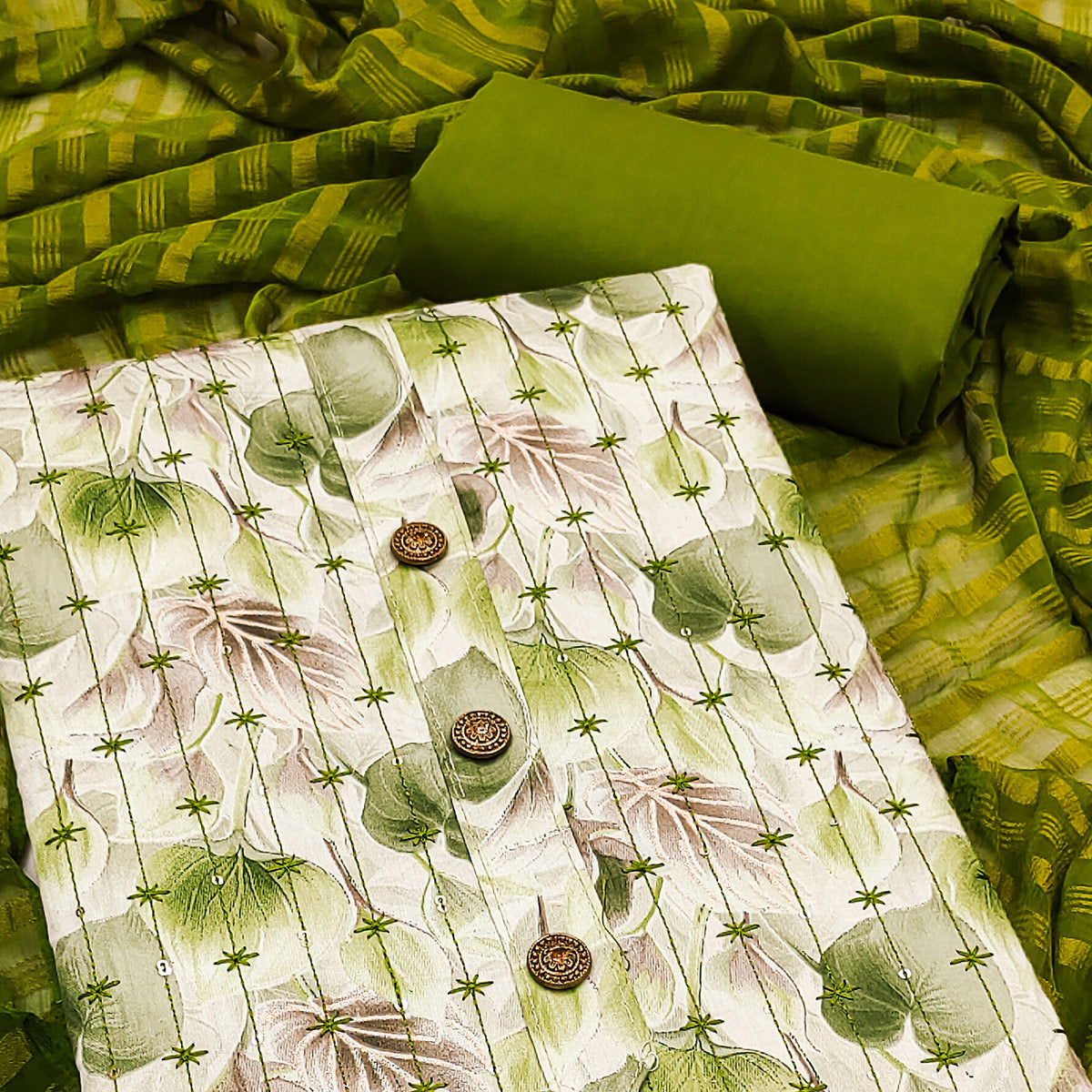 Cream Green Printed Cotton Blend Dress Material with Embroidery