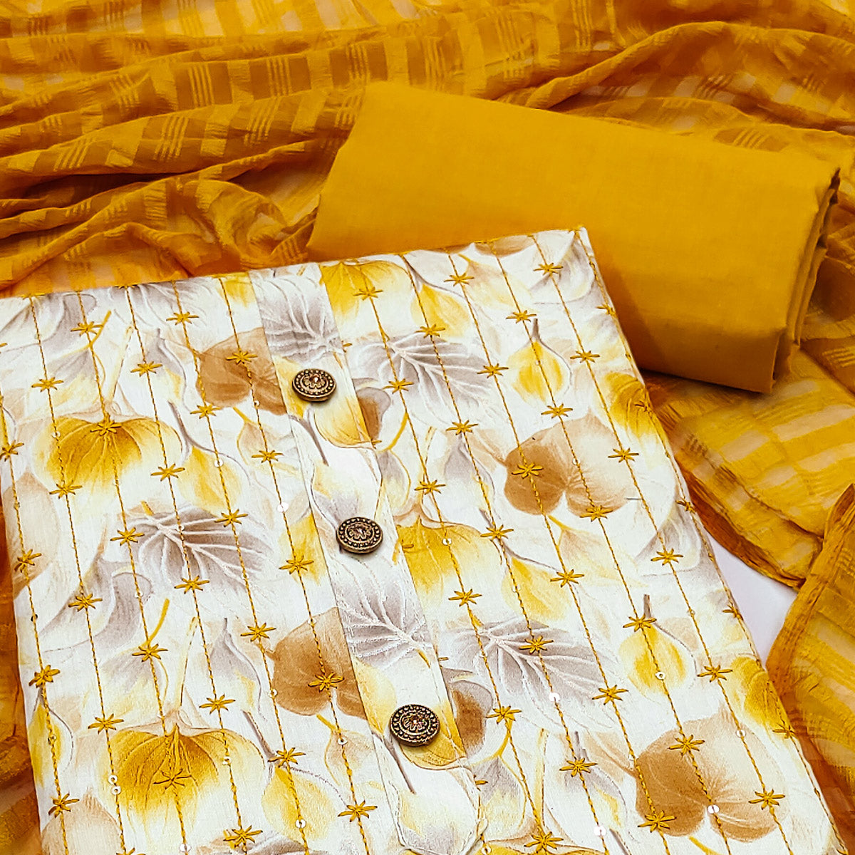 Cream Mustard Printed Cotton Blend Dress Material with Embroidery
