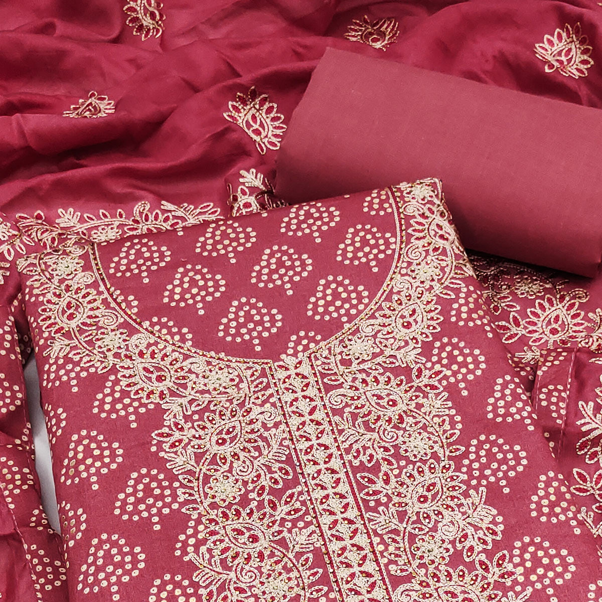 Pink Bandhani Print Cotton Dress Material Accented with Embroidered Neckline