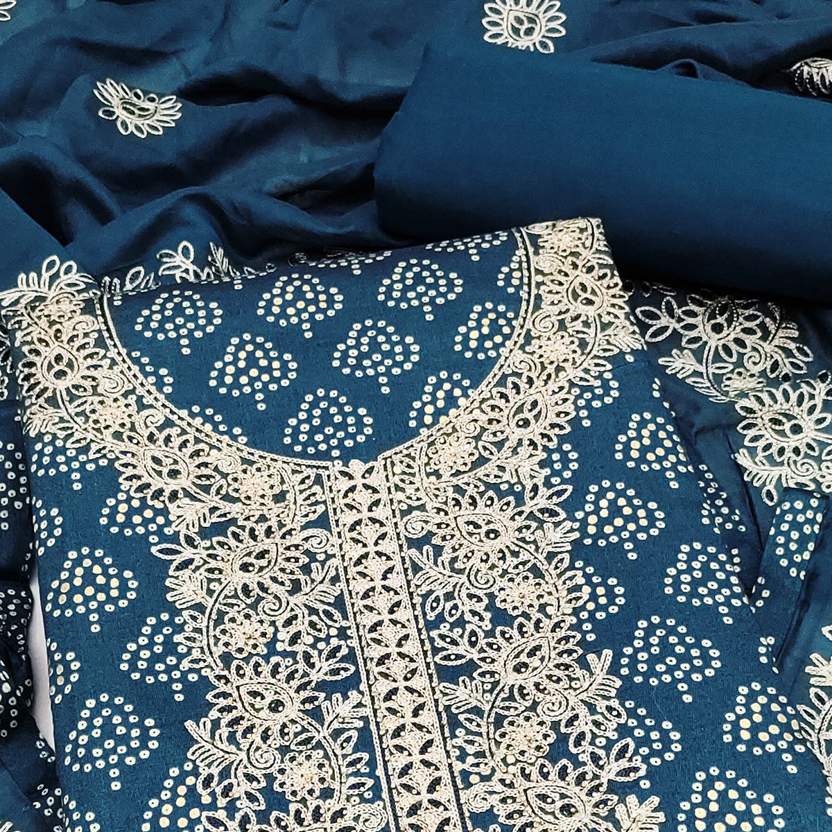Teal Bandhani Print Cotton Dress Material Accented with Embroidered Neckline