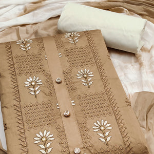 Stylish Chikoo Flower Motif Embroidery With Sequins Work Cotton Blend Dress Material