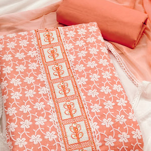 Peach Floral Chikankari Embroidered With Stone Work Dress Material In Premium Cotton Blend