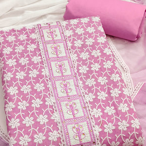 Pink Floral Chikankari Embroidered With Stone Work Dress Material In Premium Cotton Blend