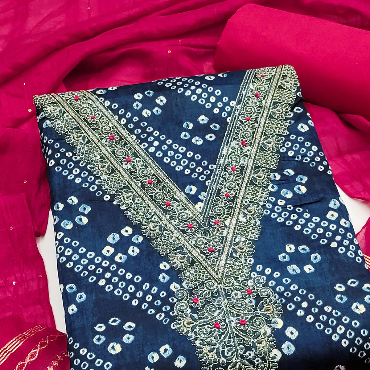 Blue Bandhani Print Cotton Blend Dress Material With Intricate Neck Embroidery Work