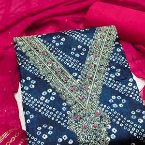 Blue Bandhani Print Cotton Blend Dress Material With Intricate Neck Embroidery Work