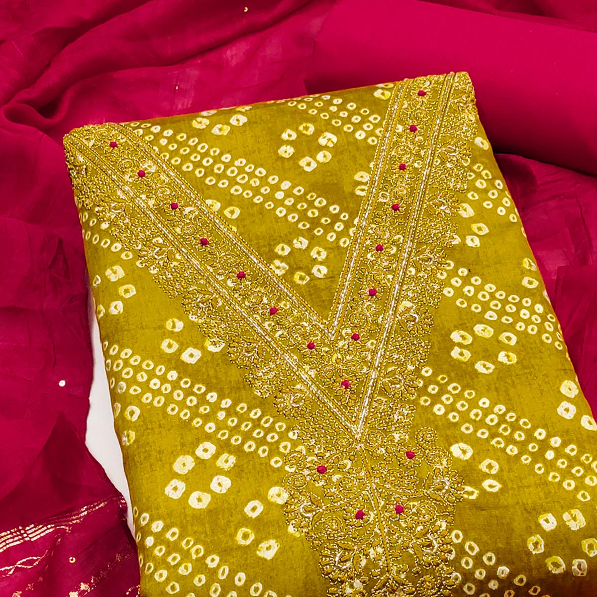 Dark Mustard Bandhani Print Cotton Blend Dress Material With Intricate Neck Embroidery Work