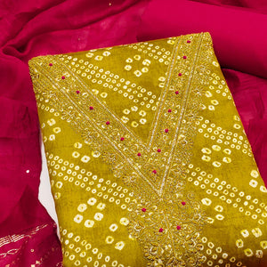 Dark Mustard Bandhani Print Cotton Blend Dress Material With Intricate Neck Embroidery Work