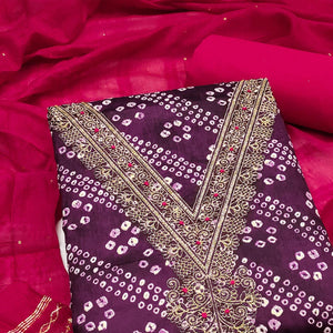 Dark Purple Bandhani Print Cotton Blend Dress Material With Intricate Neck Embroidery Work