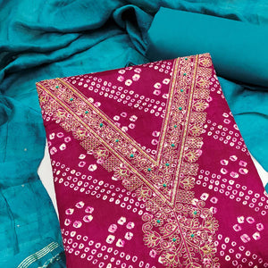 Dark Rani Pink Bandhani Print Cotton Blend Dress Material With Intricate Neck Embroidery Work