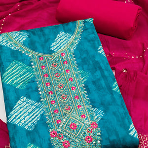 Chic Blue Geometric Print Cotton Blend Dress Material With Stylish Floral Neck Embroidery