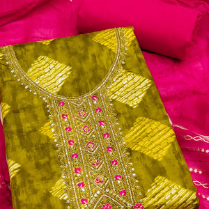 Chic Green Geometric Print Cotton Blend Dress Material With Stylish Floral Neck Embroidery