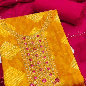 Chic Mustard Geometric Print Cotton Blend Dress Material With Stylish Floral Neck Embroidery