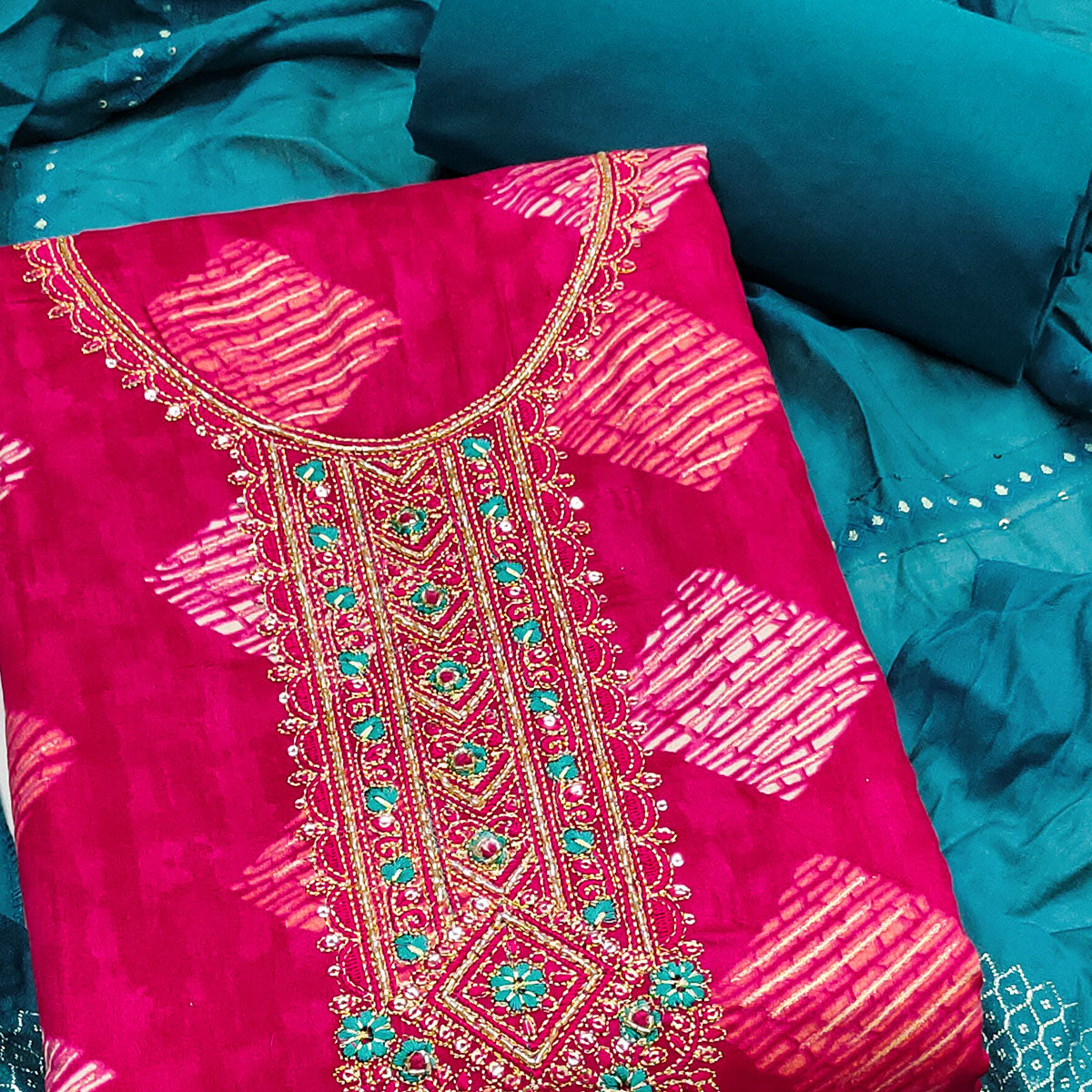 Chic Pink Geometric Print Cotton Blend Dress Material With Stylish Floral Neck Embroidery