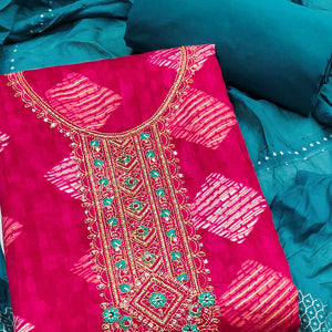 Chic Pink Geometric Print Cotton Blend Dress Material With Stylish Floral Neck Embroidery