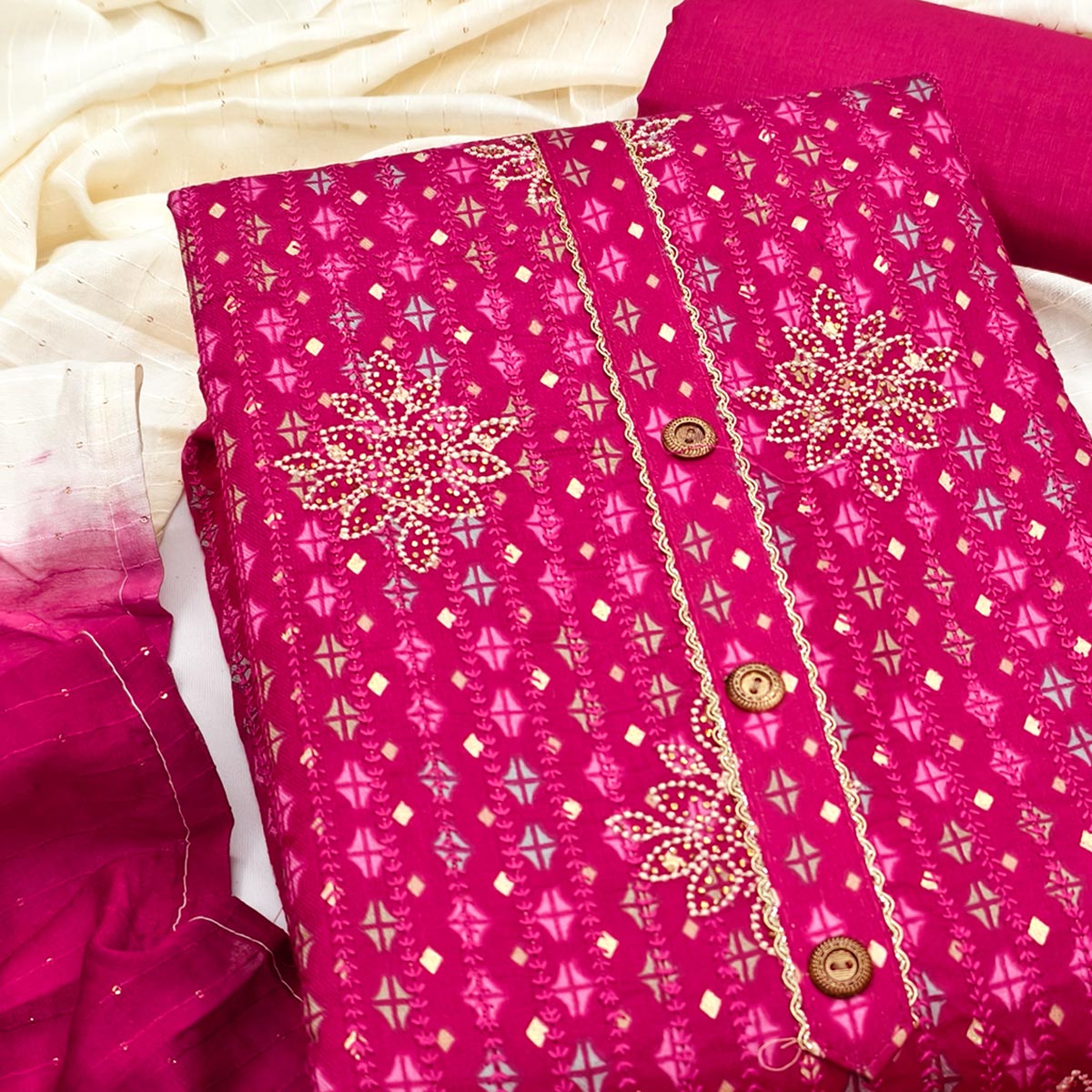 Pink Cotton Blend Dress Material Adorned With Exquisite Floral Embroidery & Sparkling Stonework