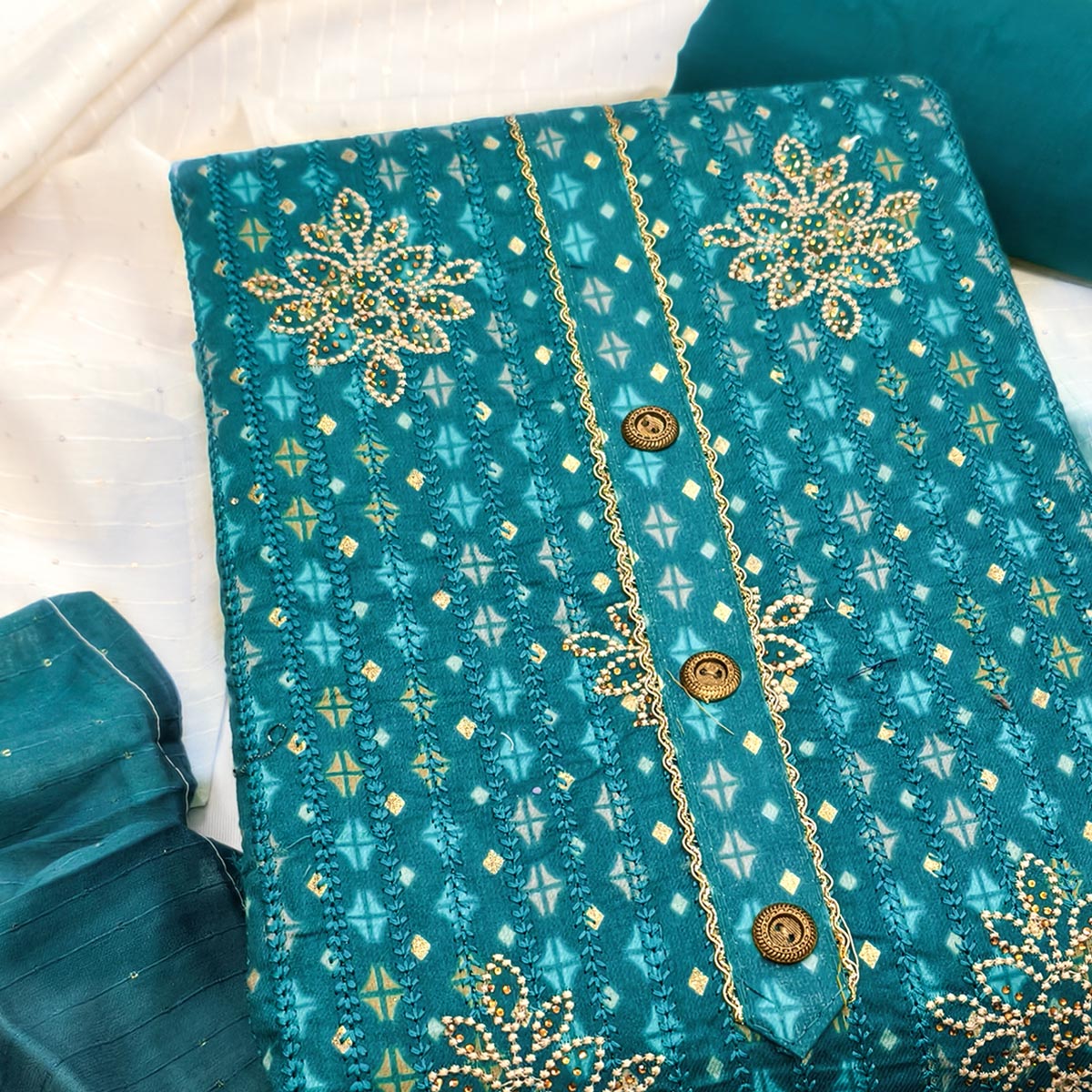Teal Cotton Blend Dress Material Adorned With Exquisite Floral Embroidery & Sparkling Stonework
