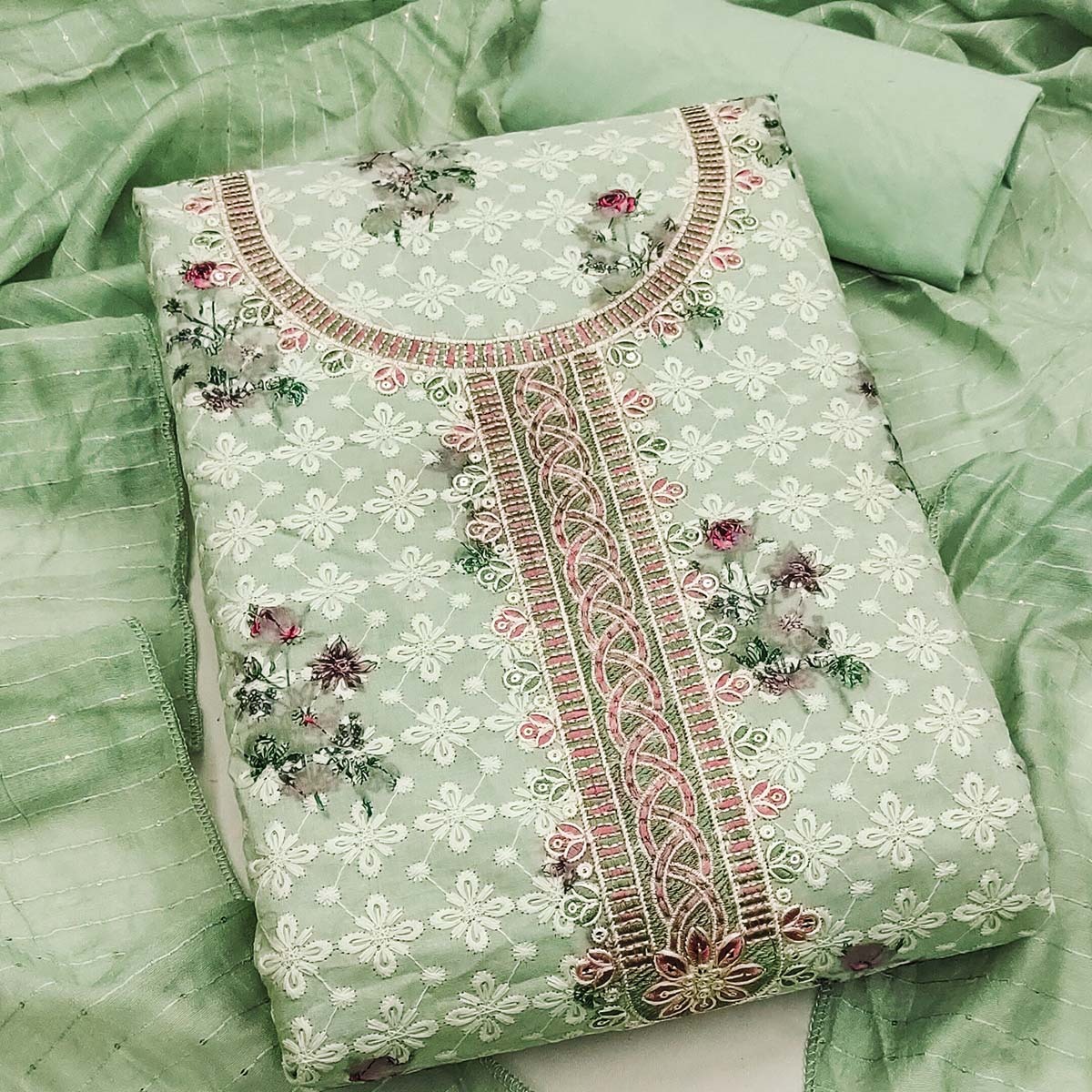 Green Pure Cotton Dress Material Featuring Elegant Floral Embroidery With Shimmering Sequins