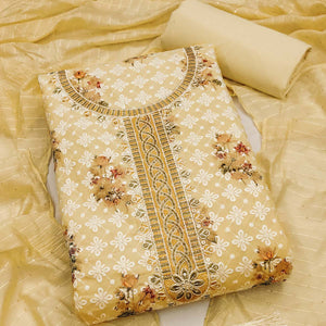 Light Yellow Pure Cotton Dress Material Featuring Elegant Floral Embroidery With Shimmering Sequins