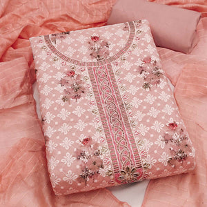 Pink Pure Cotton Dress Material Featuring Elegant Floral Embroidery With Shimmering Sequins