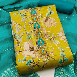 Lemon Yellow Pure Cotton Dress Material With Floral Print & Delicate Neck Hand Embroidery