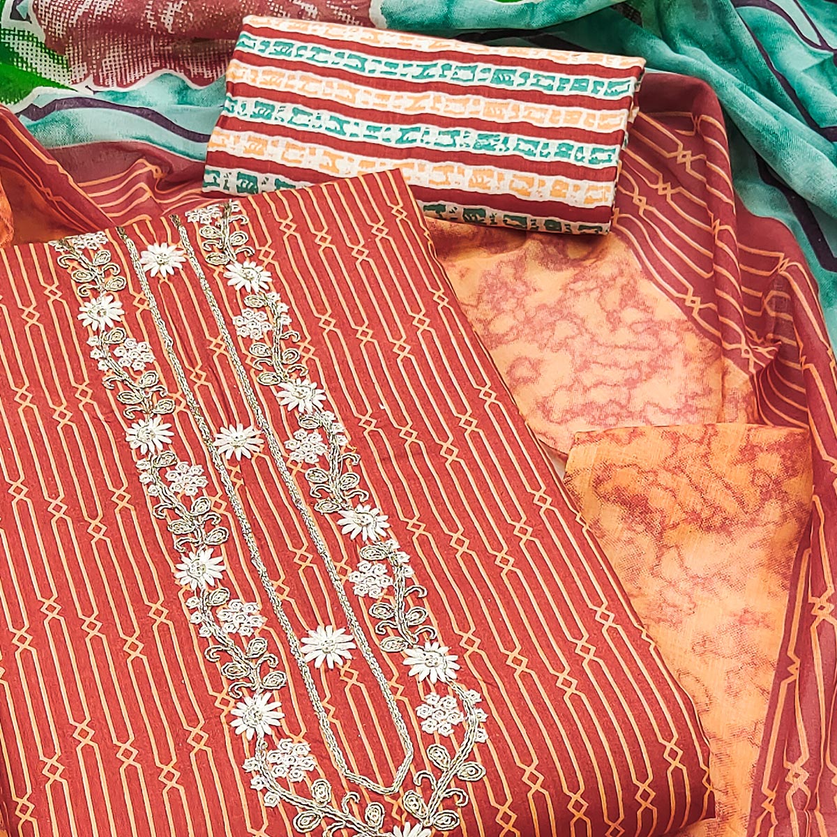 Dusty Orange Printed Pure Cotton Unstitched Dress Material