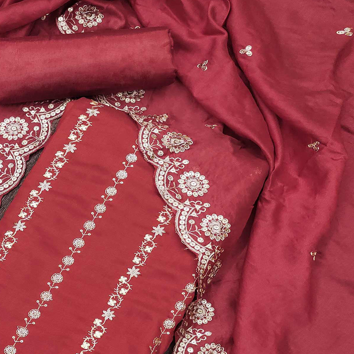 Maroon Embroidered Pure Cotton Dress Material