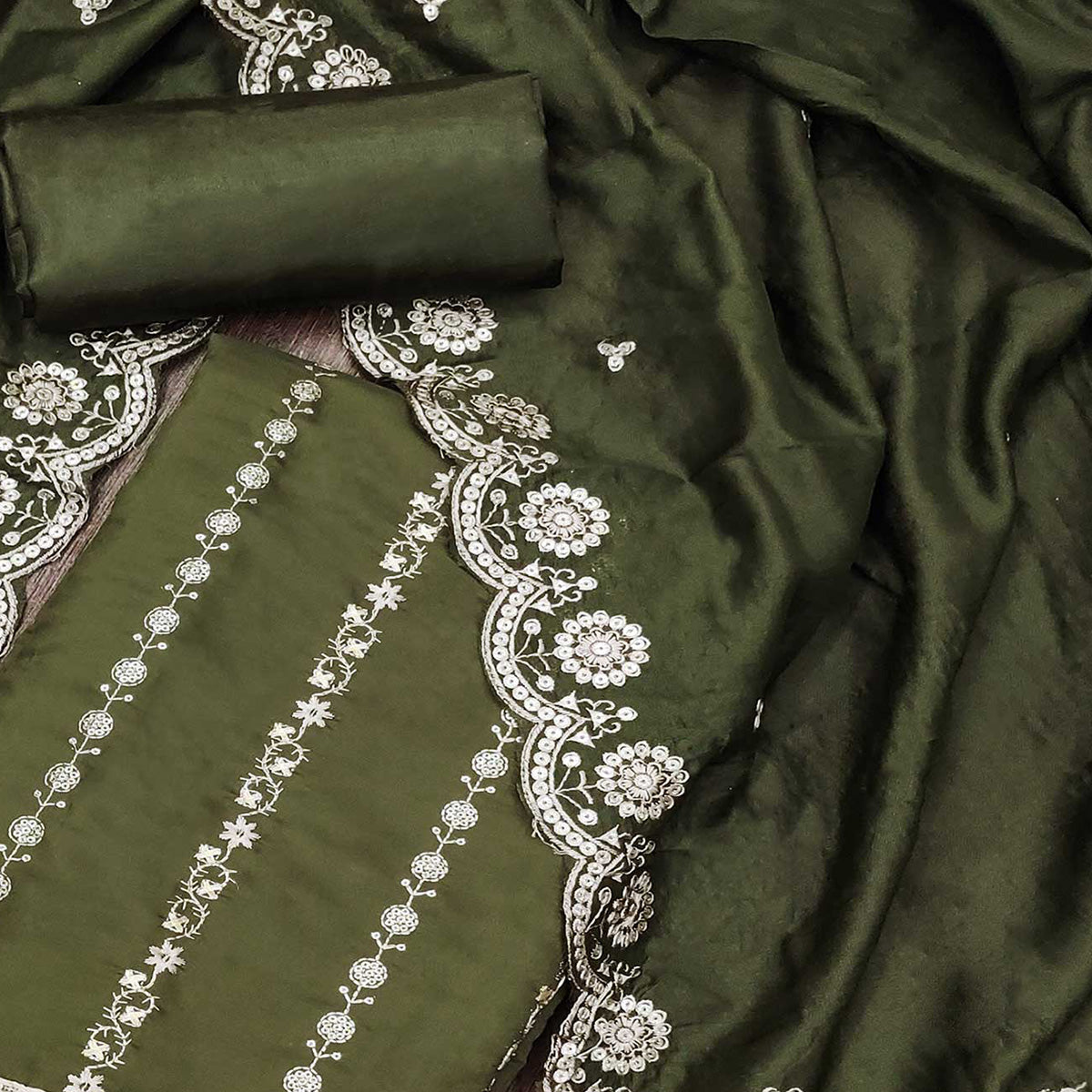 Mehandi Green Embroidered Pure Cotton Dress Material