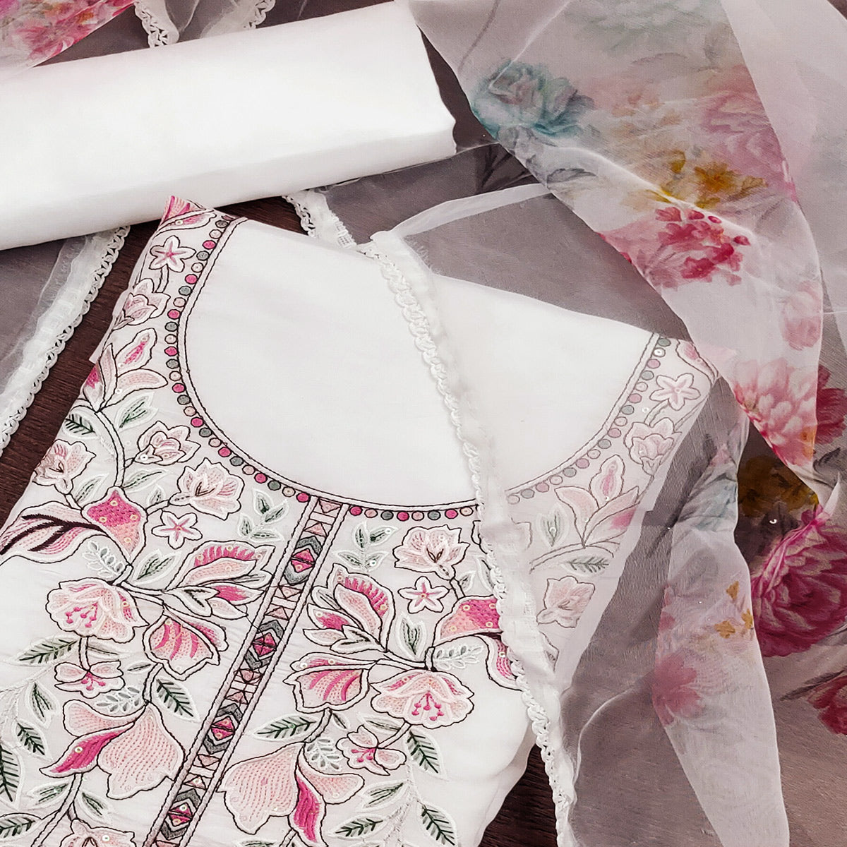 White Floral Sequins Embroidered Cotton Silk Dress Material