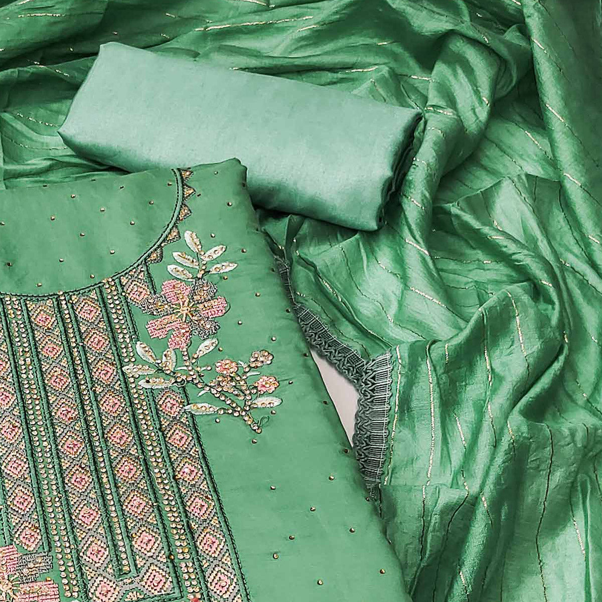 Green Floral Embroidery With Stonework Chanderi Silk Dress Material