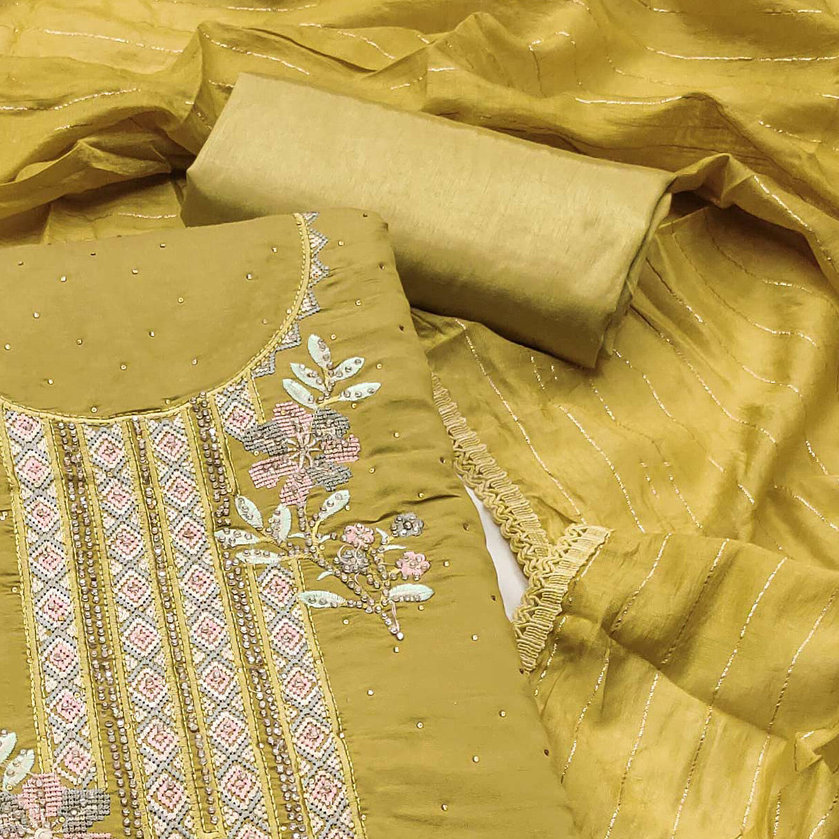 Light Mustard Floral Embroidery With Stonework Chanderi Silk Dress Material