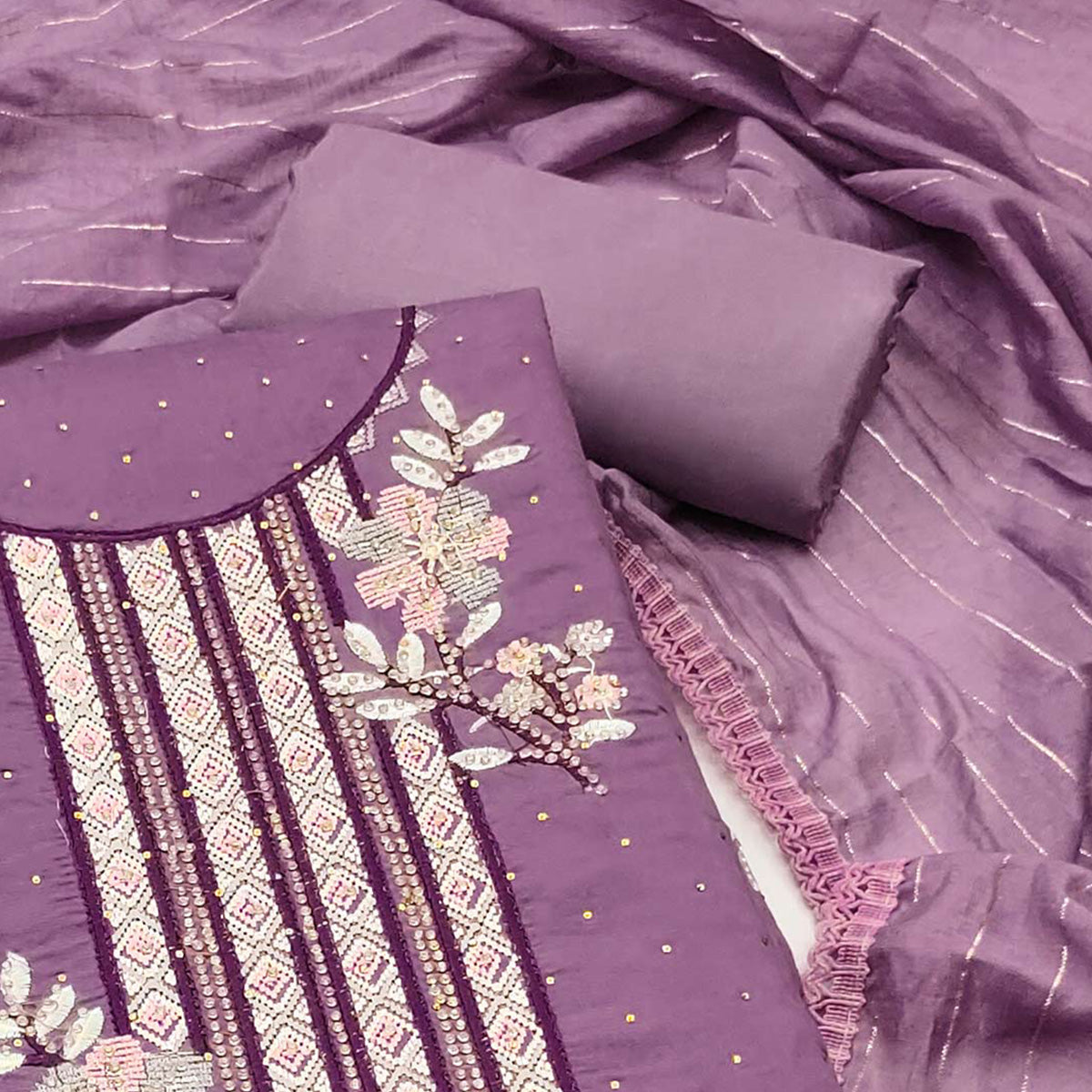 Purple Floral Embroidery With Stonework Chanderi Silk Dress Material