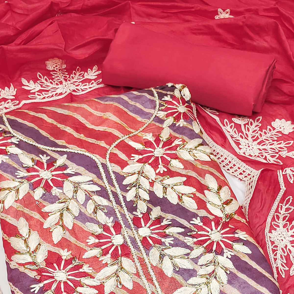 Gajari Pink Floral Embroidery With Printed Cotton Roman Silk Dress Material