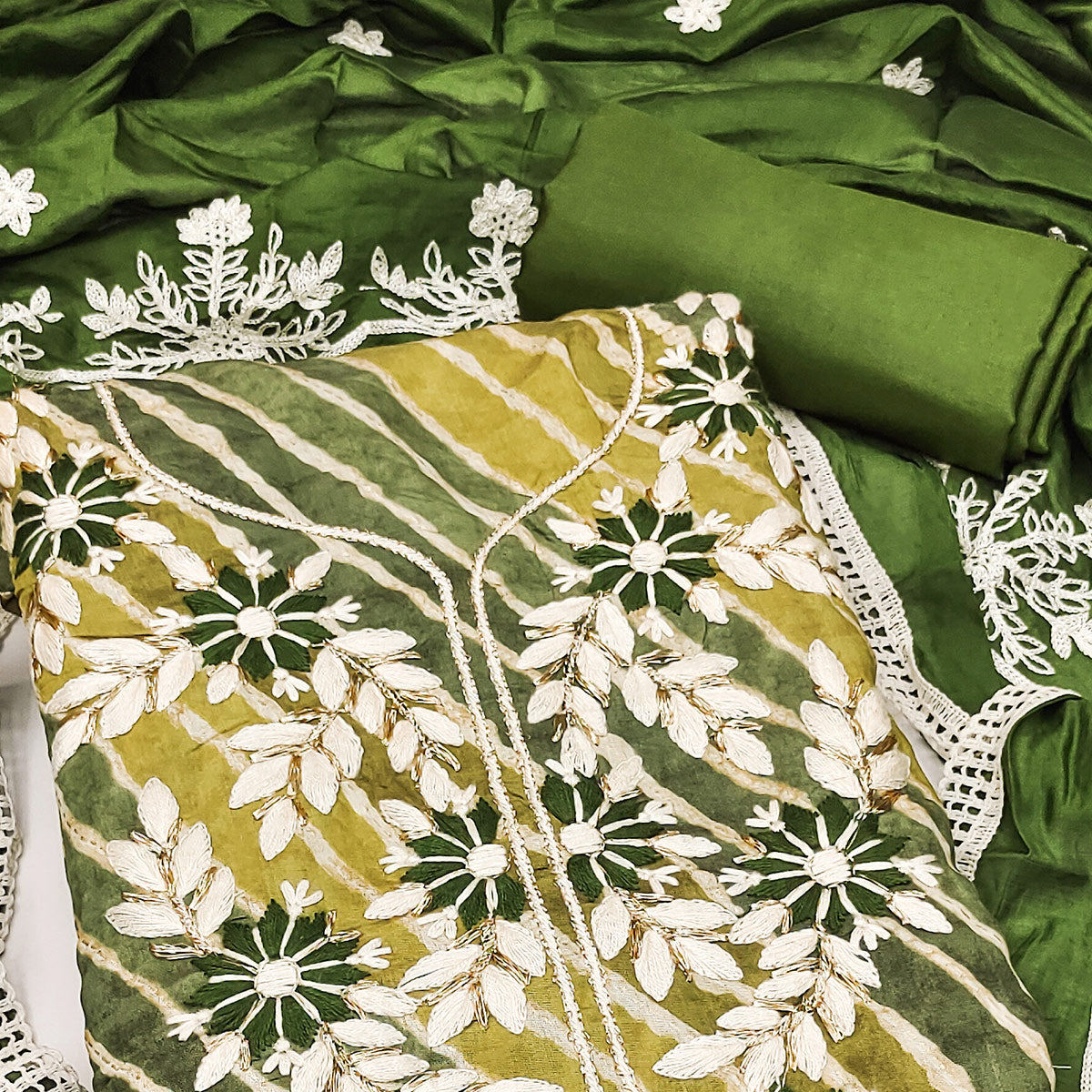 Green Floral Embroidery With Printed Cotton Roman Silk Dress Material