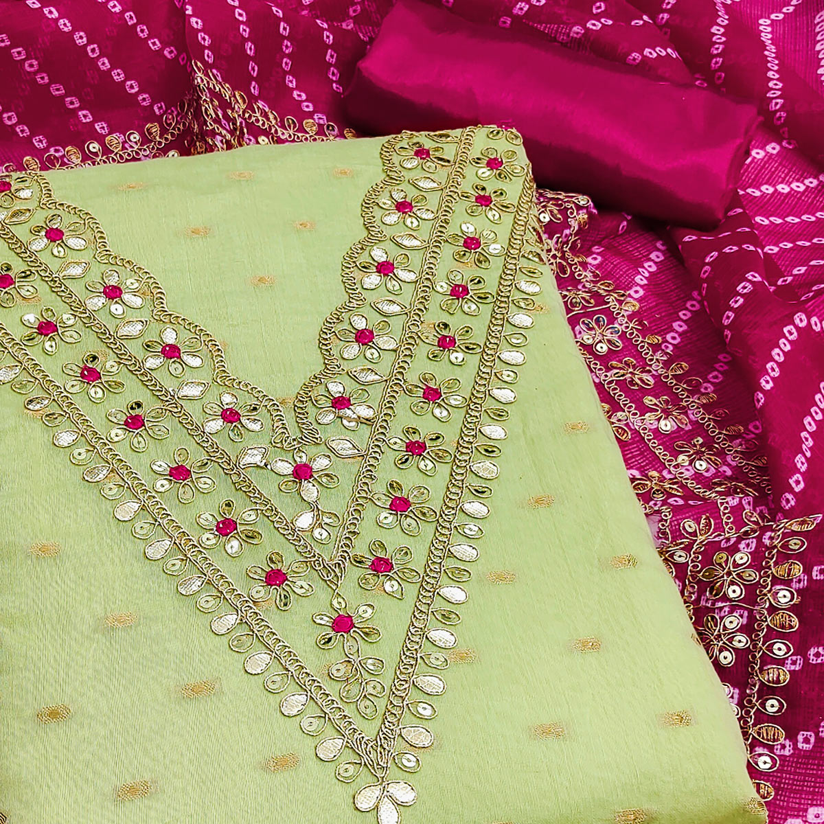 Green Woven With Sequins Embroidered Modal Chanderi Silk Dress Material