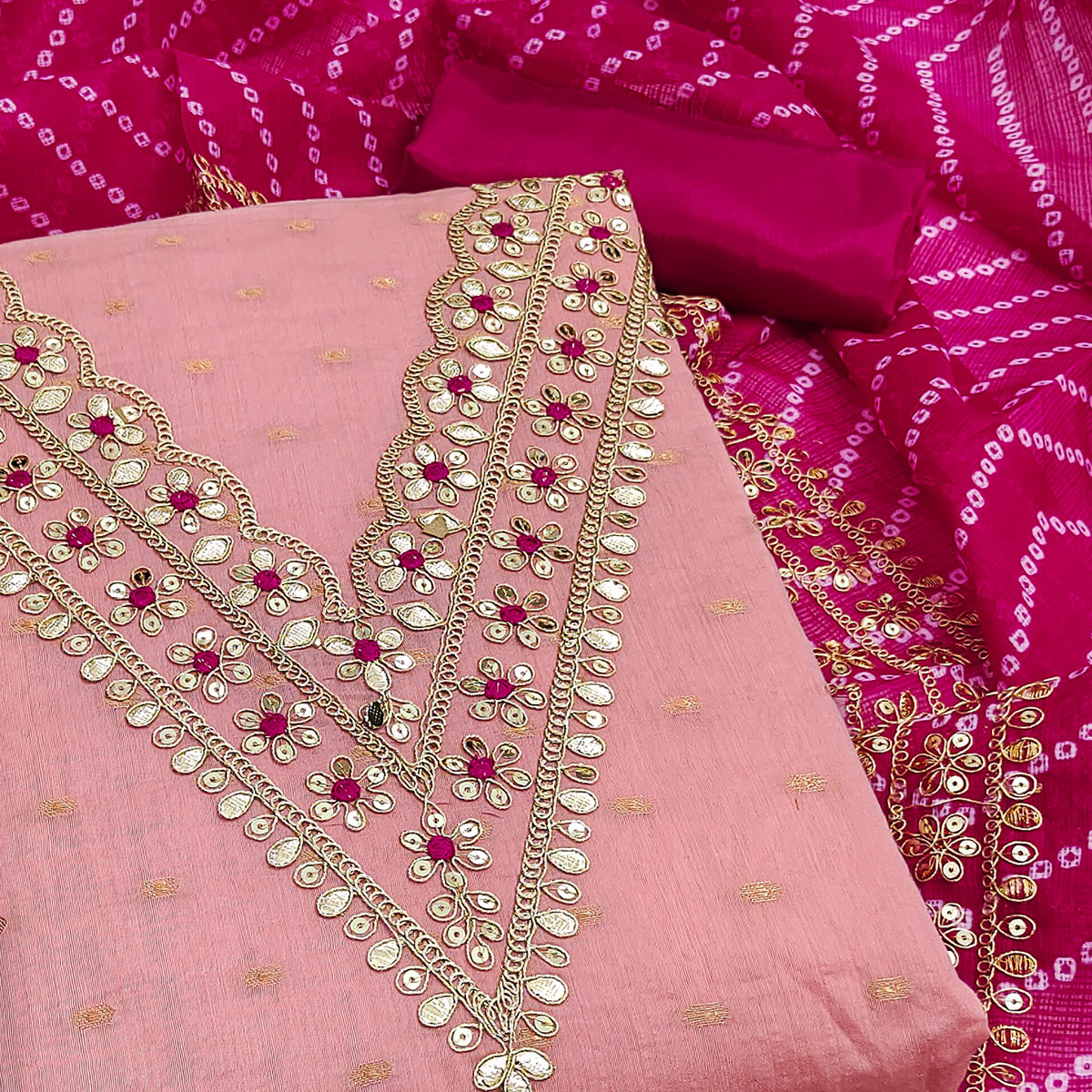 Pink Woven With Sequins Embroidered Modal Chanderi Silk Dress Material