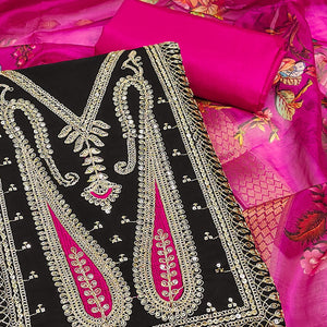 Black Floral Sequins Embroidered Roman Cotton Silk Dress Material