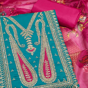 Rama Blue Floral Sequins Embroidered Roman Cotton Silk Dress Material