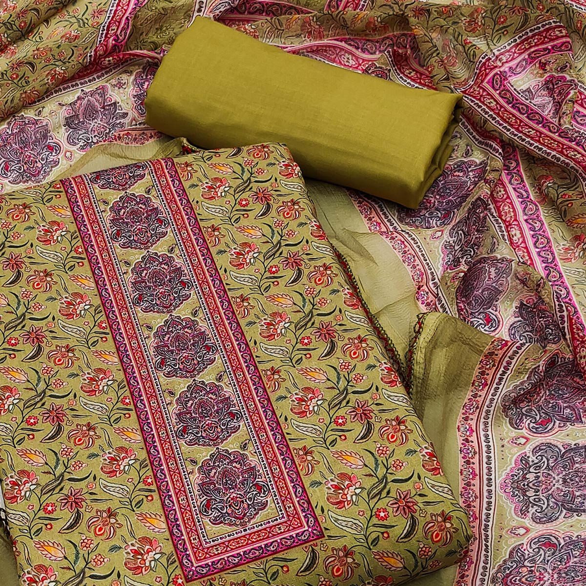 Green Floral Digital Printed Cotton Blend Dress Material